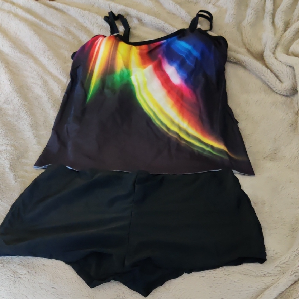 Colorful Rainbow Tank Top and Black Shorts Set